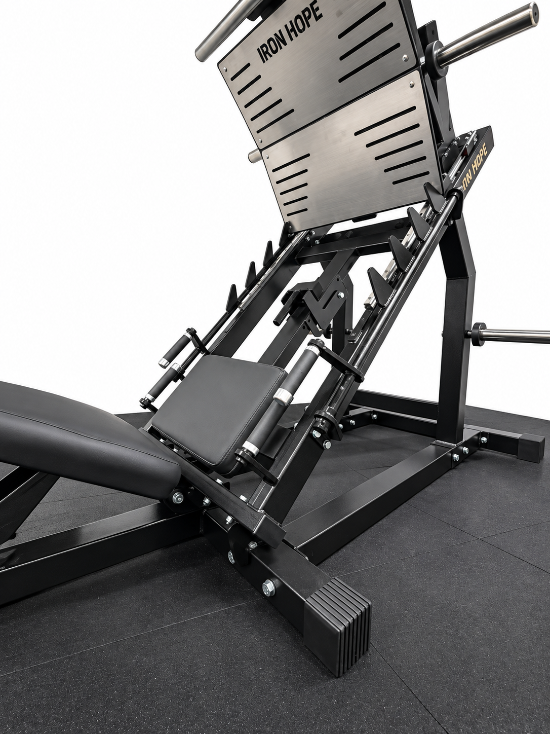 Leg Press 45° Iron Hope | detalhe das travas de segurança laterais